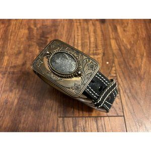 TG&Y Stores Company Genuine Split Cowhide Black Best Brass Belt Buckle Western
